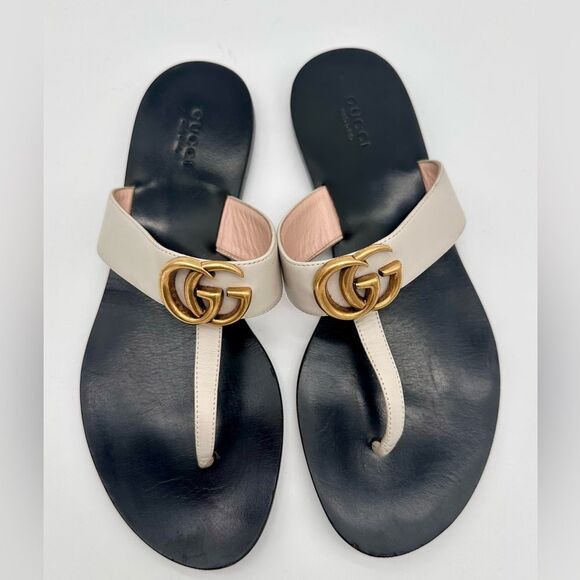 Gucci Marmont GG Thong Flat Sandals Flip Flops Mystic White Leather EU 39 US 9 - Picture 4 of 12